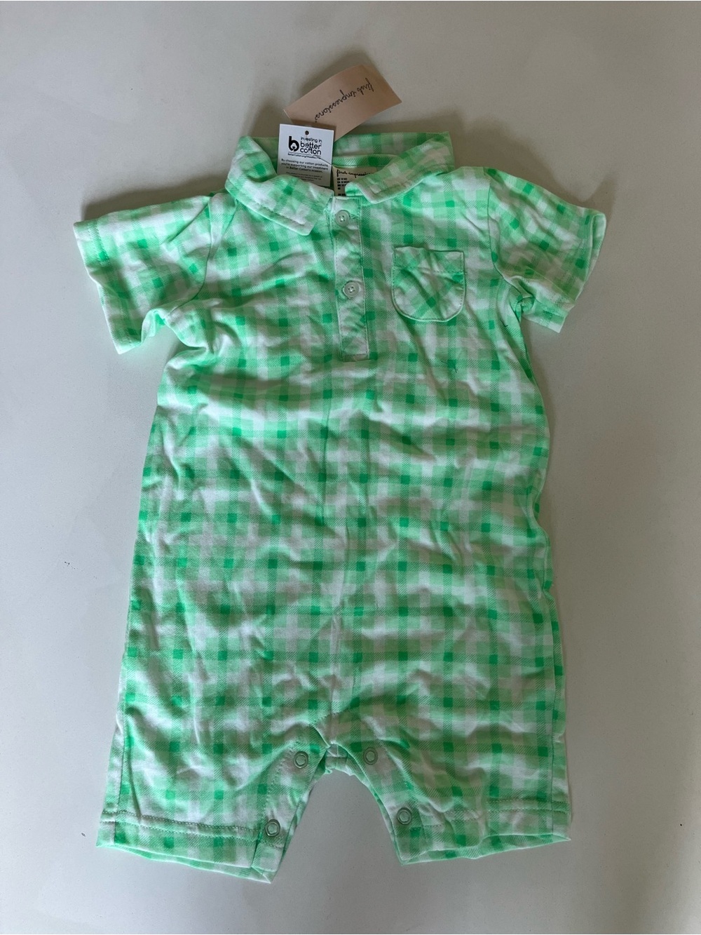 First Impressions NWT Plaid Green Collared Romper Onesie, Size 18 Months